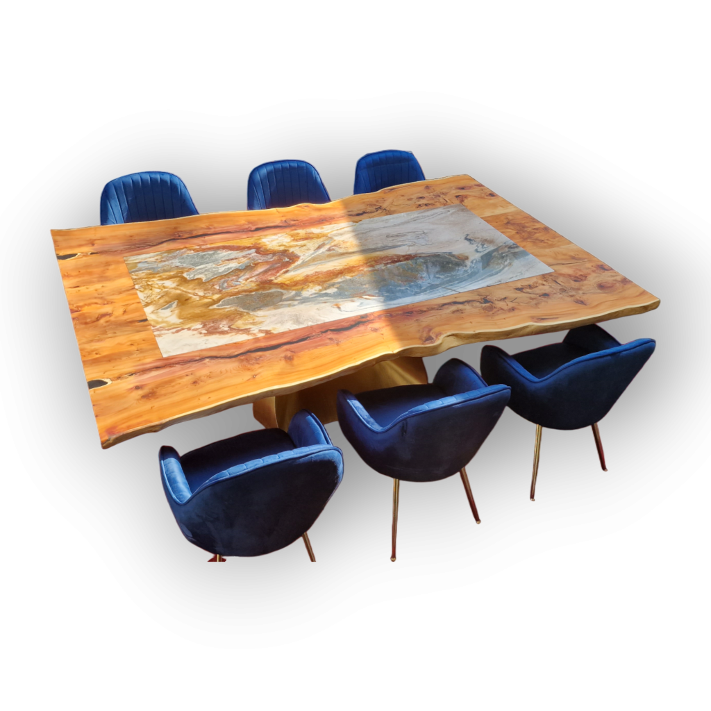 Yew dining table with resin and blue chairs