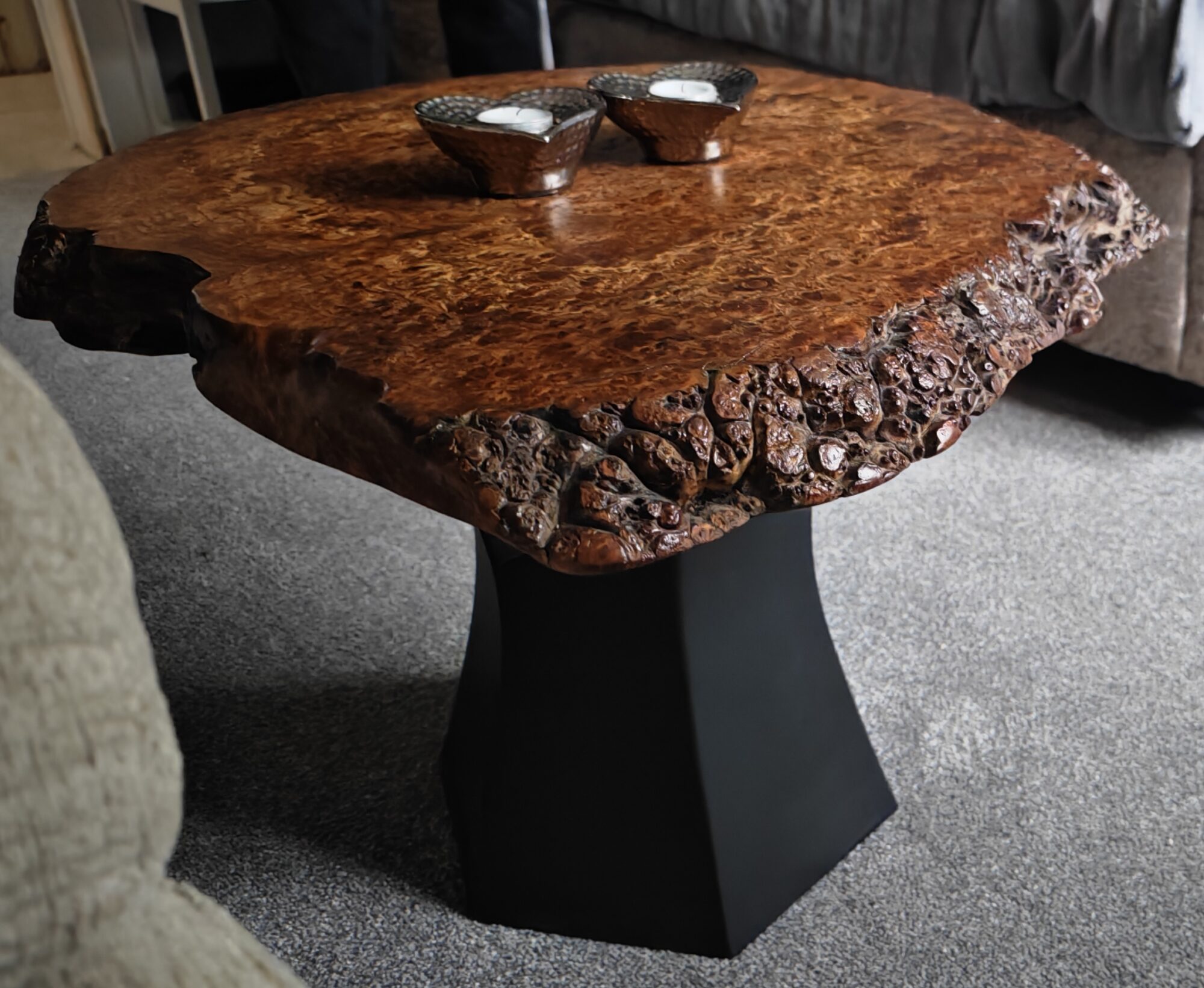 English Elm End Table | Live Edge Cookie | Black Resin Infused | Steel Art Base | 50cm x 50cm