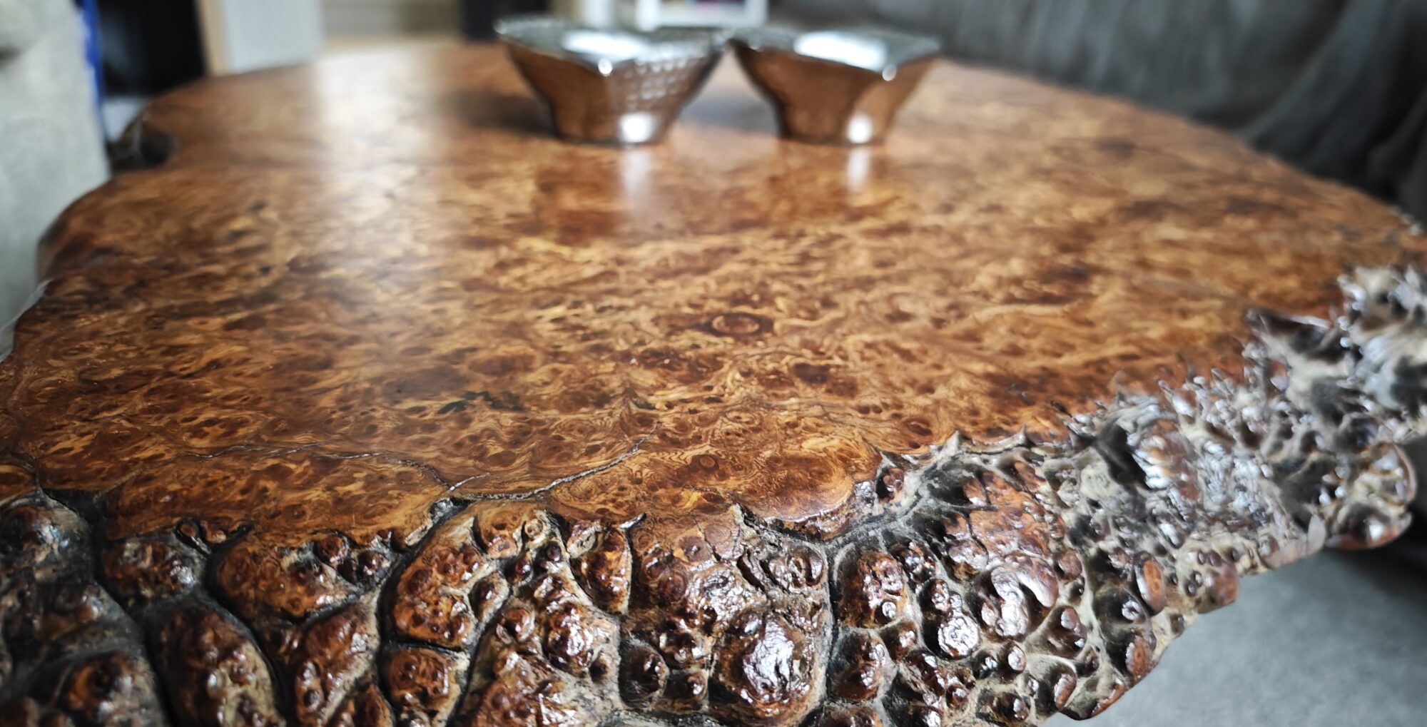 English Elm End Table | Live Edge Cookie | Black Resin Infused | Steel Art Base | 50cm x 50cm, photo 4