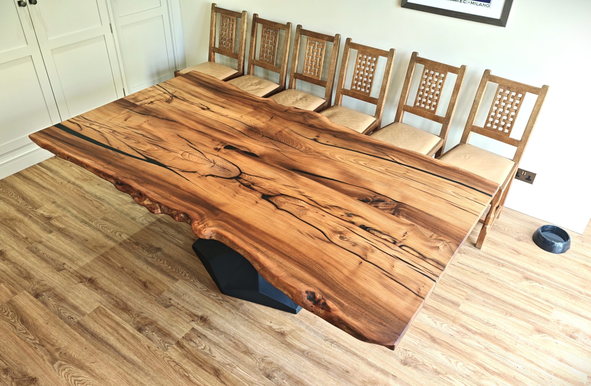 Bookmatched English elm top from above