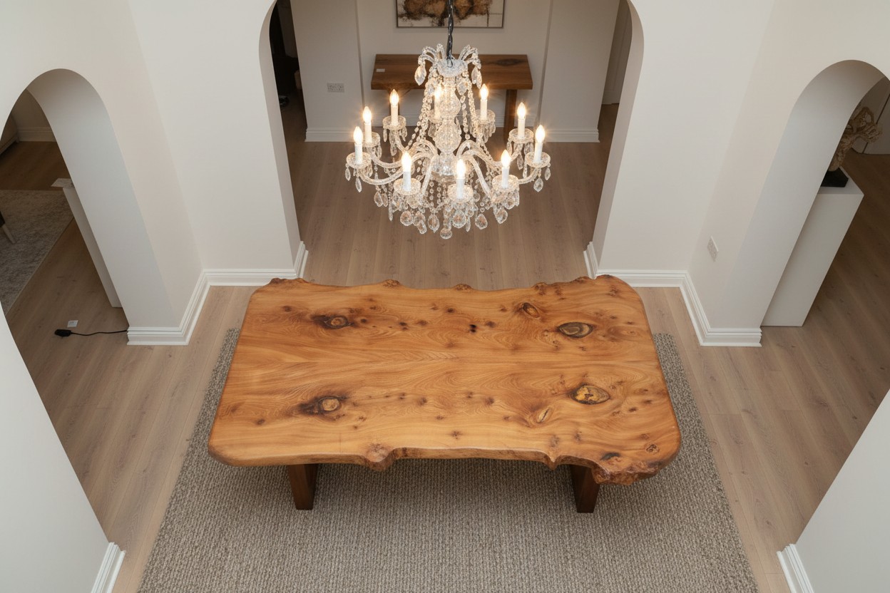 English Elm bookmatched live edge dining table with bronze resin in a dining room