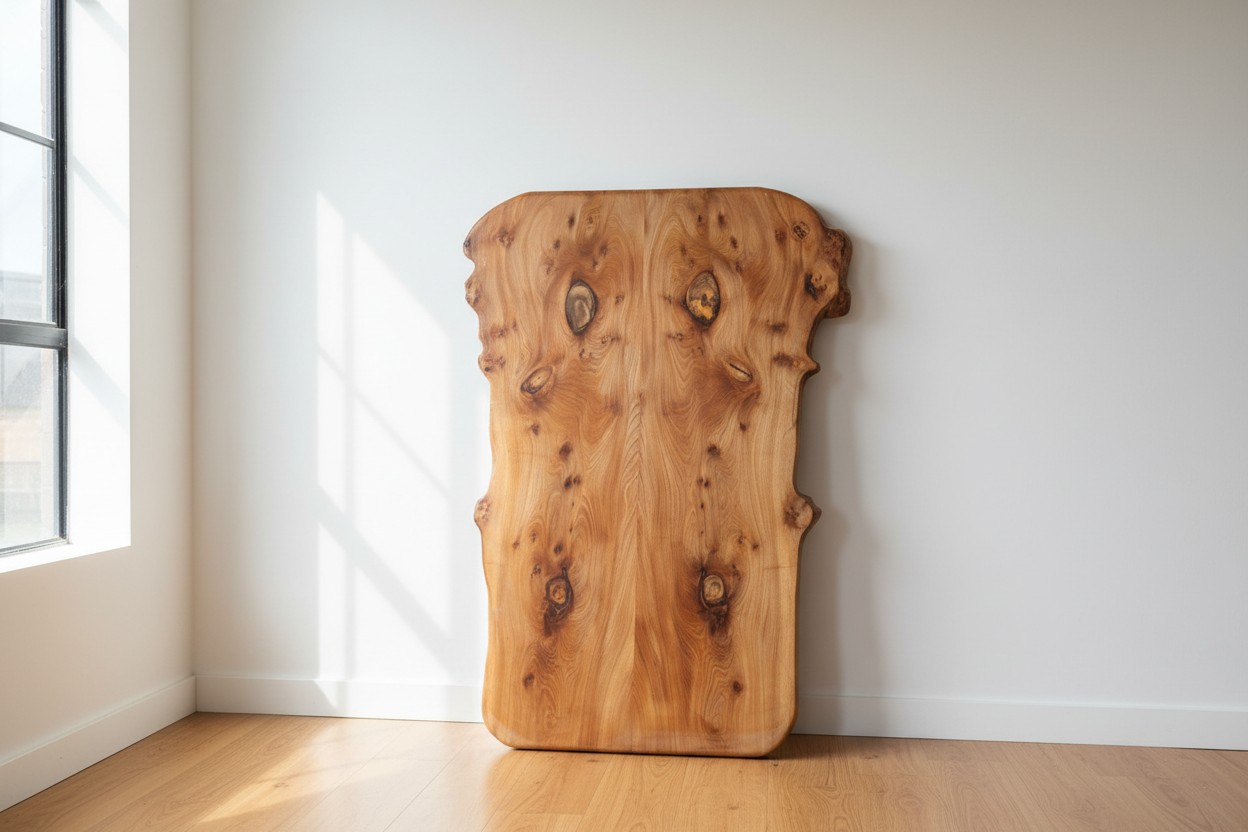 English Elm bookmatched live edge tabletop with bronze epoxy resin in daylight