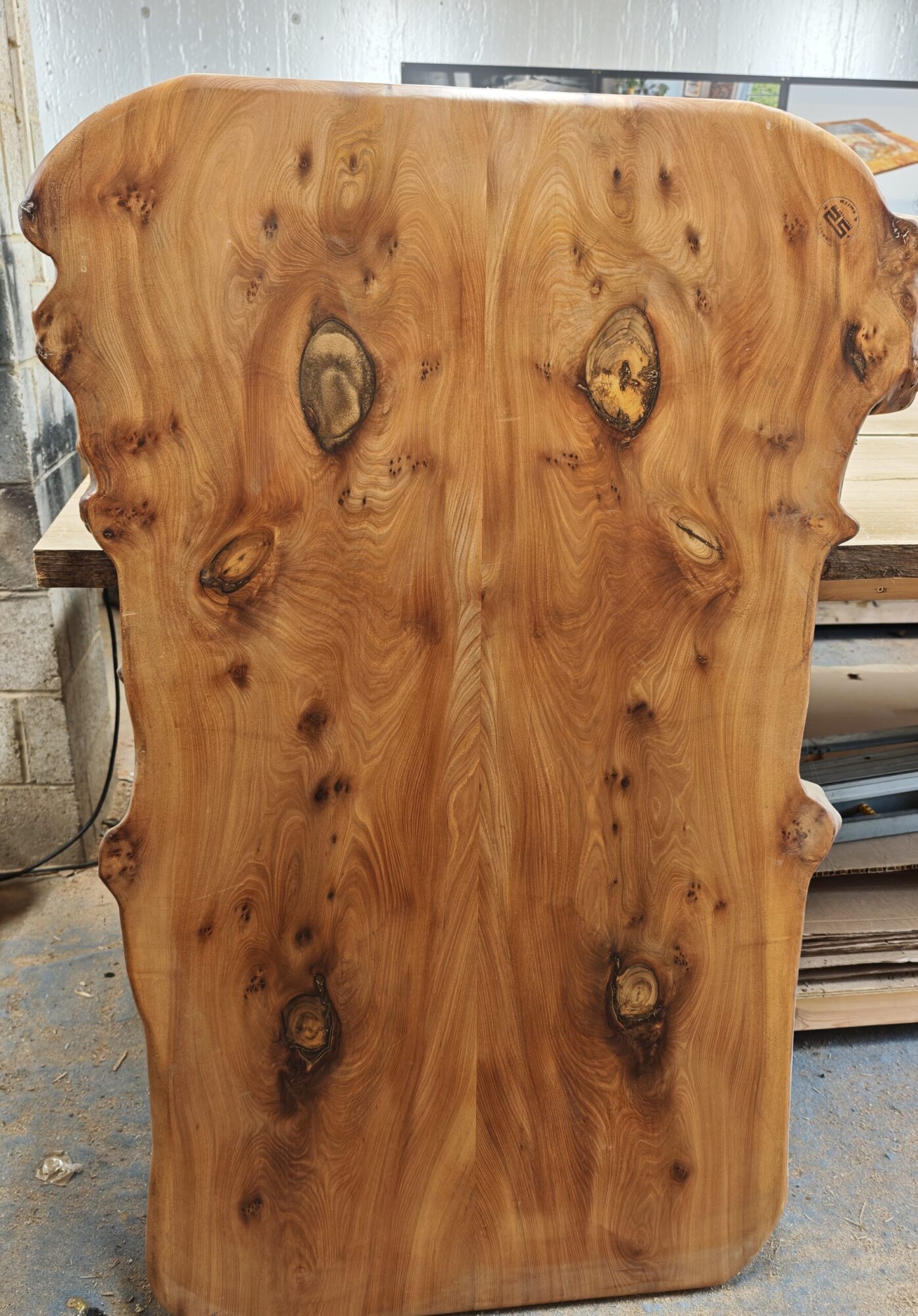 English Elm bookmatched tabletop in the Sorrell & Smith workshop