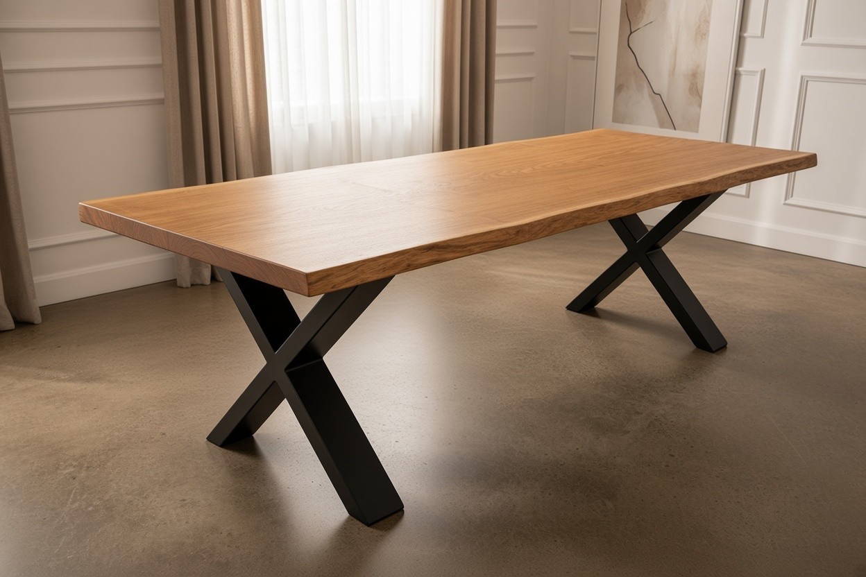 Live edge French Oak dining table beside a window