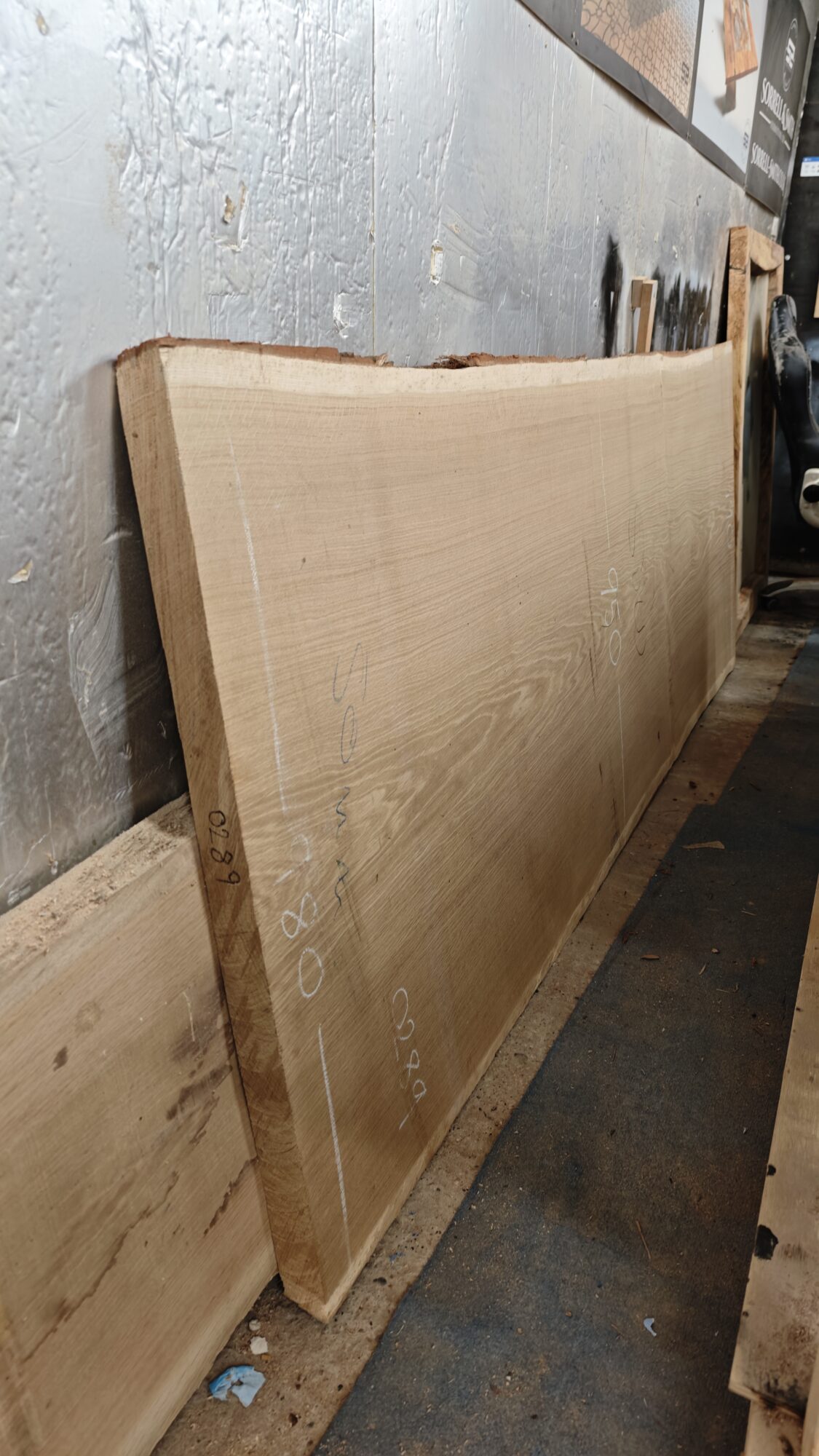 Raw single slab of French Oak before preparation in our workshop