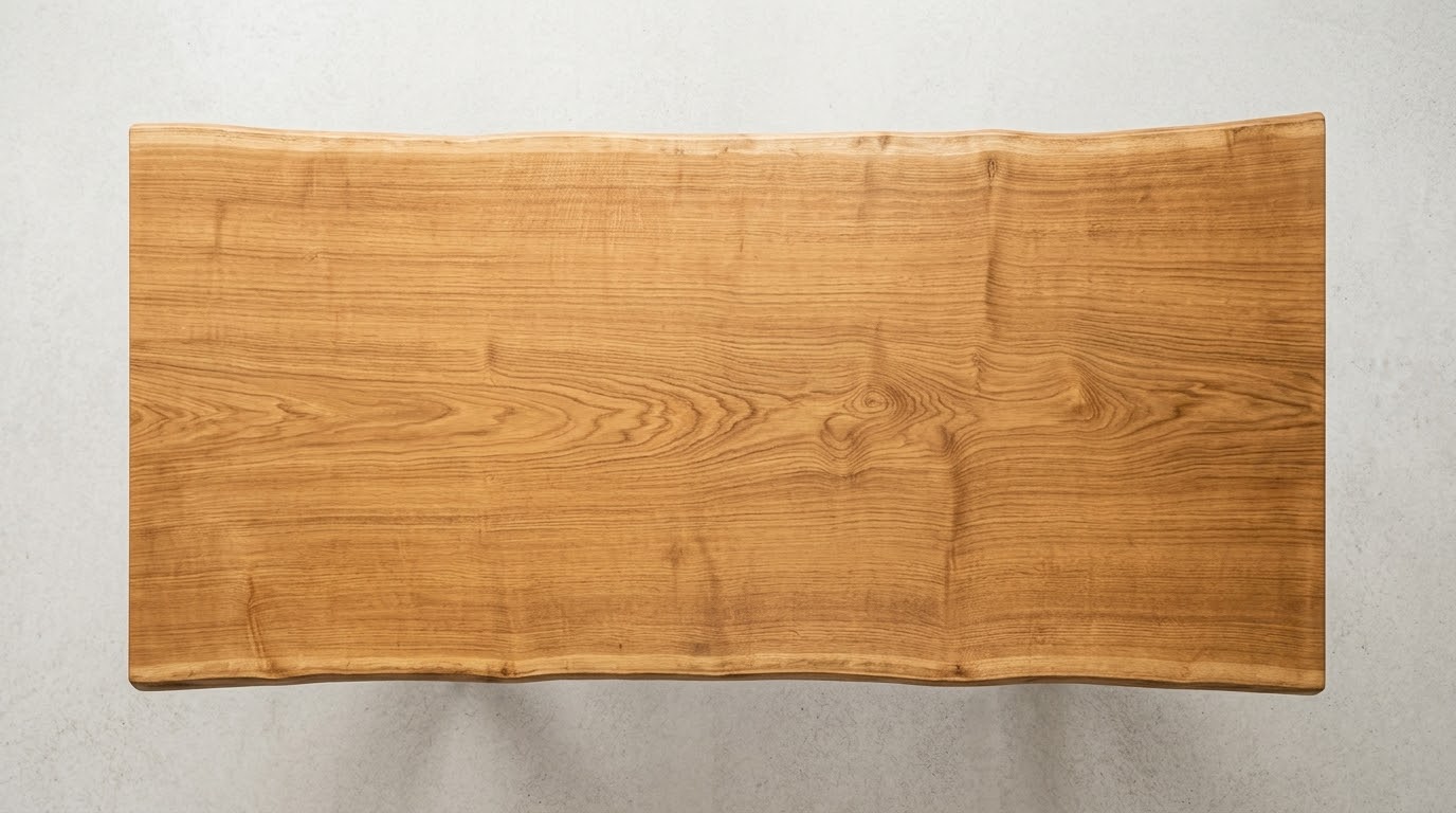 Overhead view of single slab French Oak tabletop and live edges